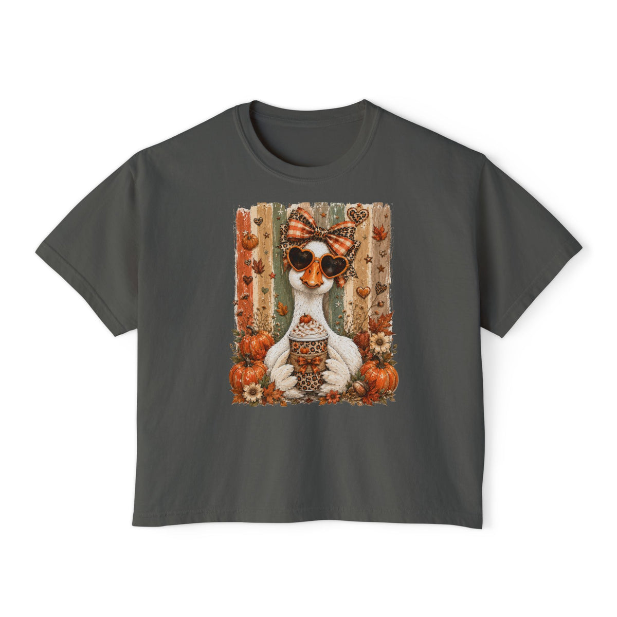 Fall Goose Boxy Tee — Cute Pumpkin Latte Graphic Women's Shirt