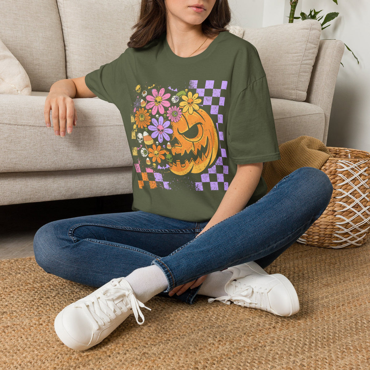 Pumpkin Smile Floral T-Shirt — Pastel Halloween Checkerboard Tee