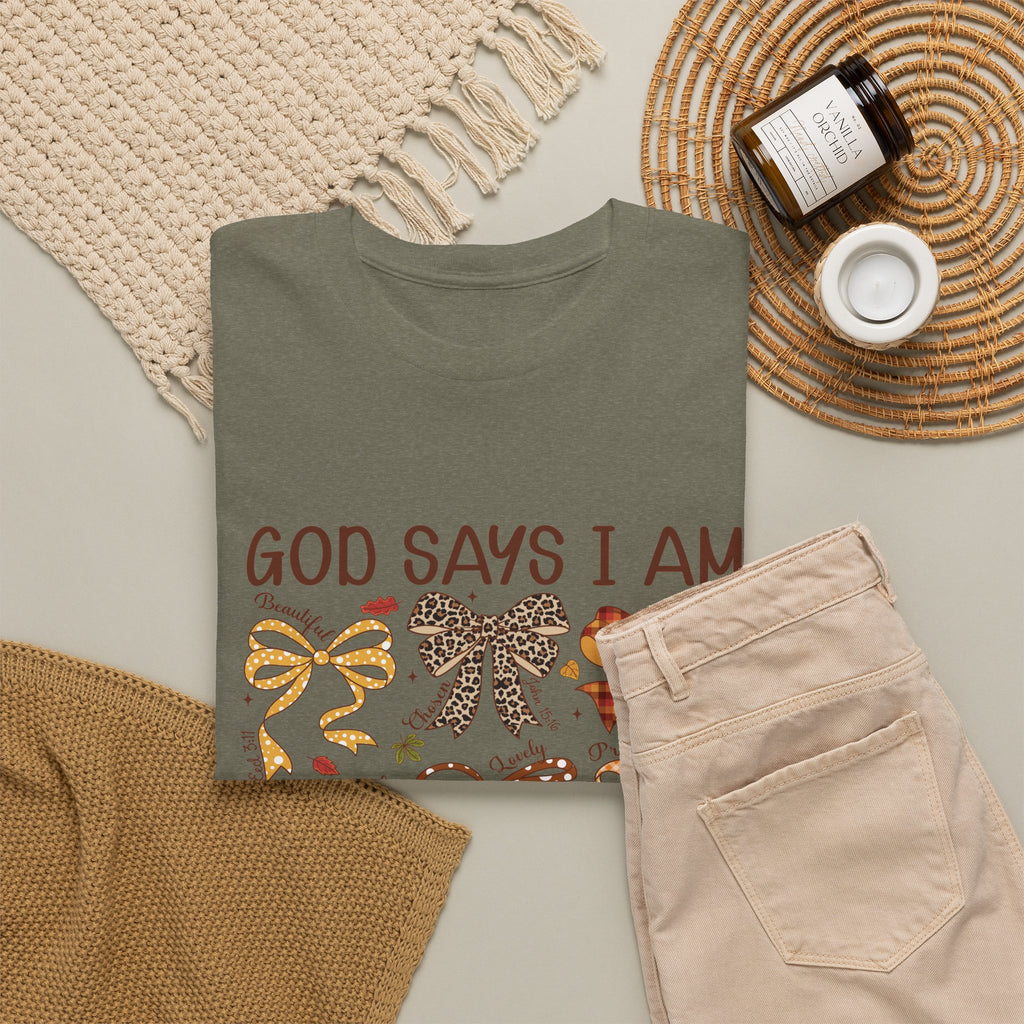 God Says I Am Bow Pattern T-Shirt — Faith-Inspired Fall Graphic Tee