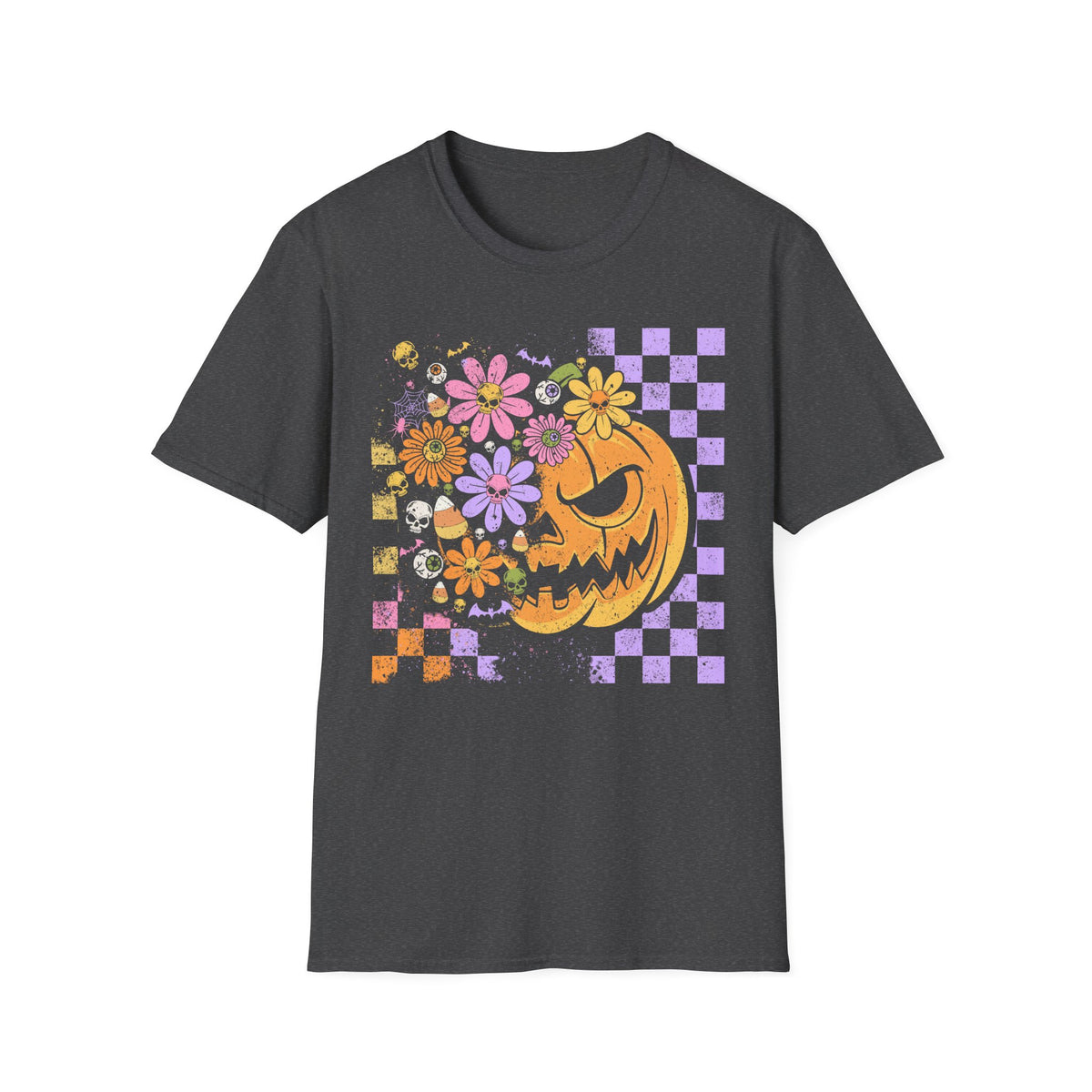Pumpkin Smile Floral T-Shirt — Pastel Halloween Checkerboard Tee