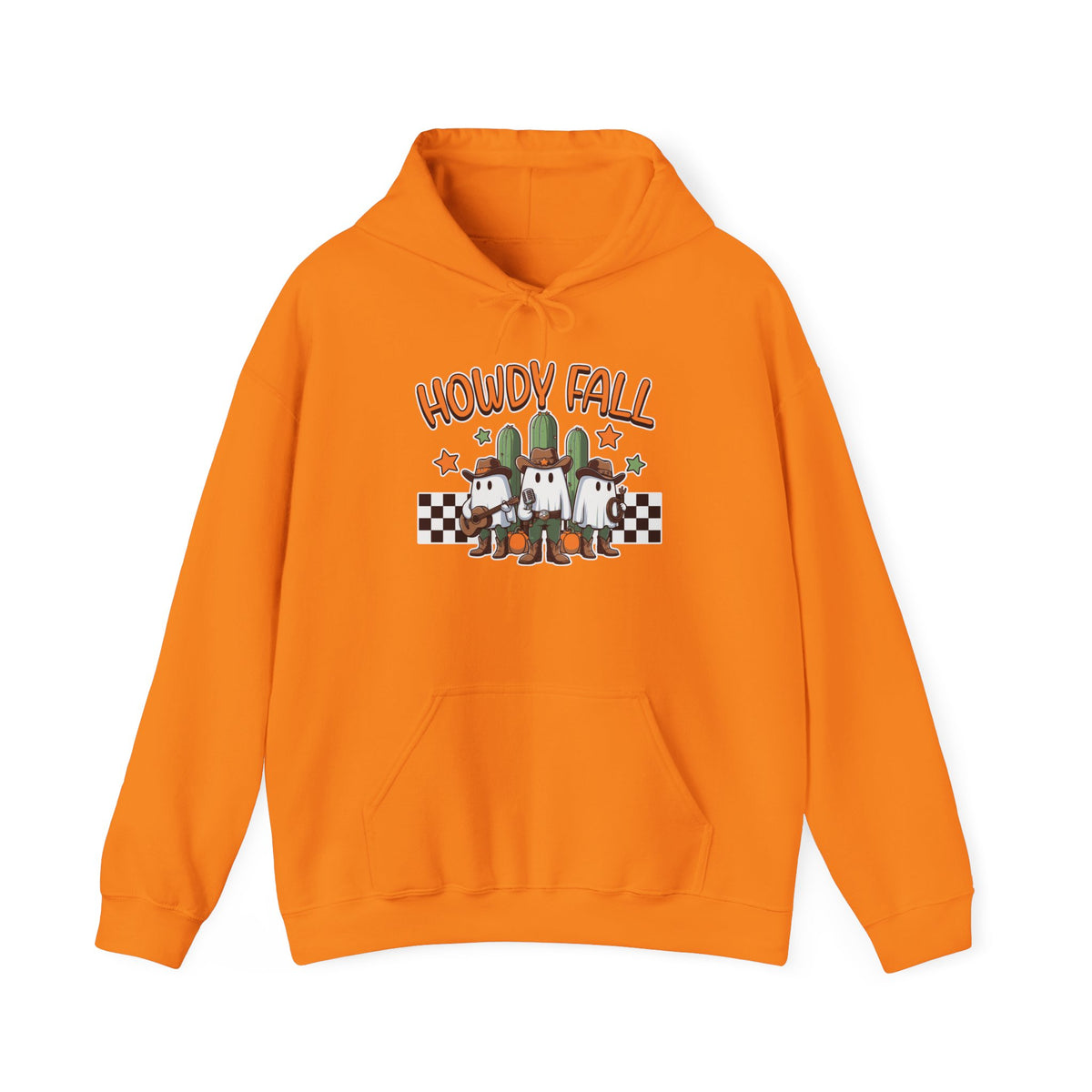 Howdy Fall Hoodie — Cute Pumpkin Ghosts & Checkerboard Autumn Pullover