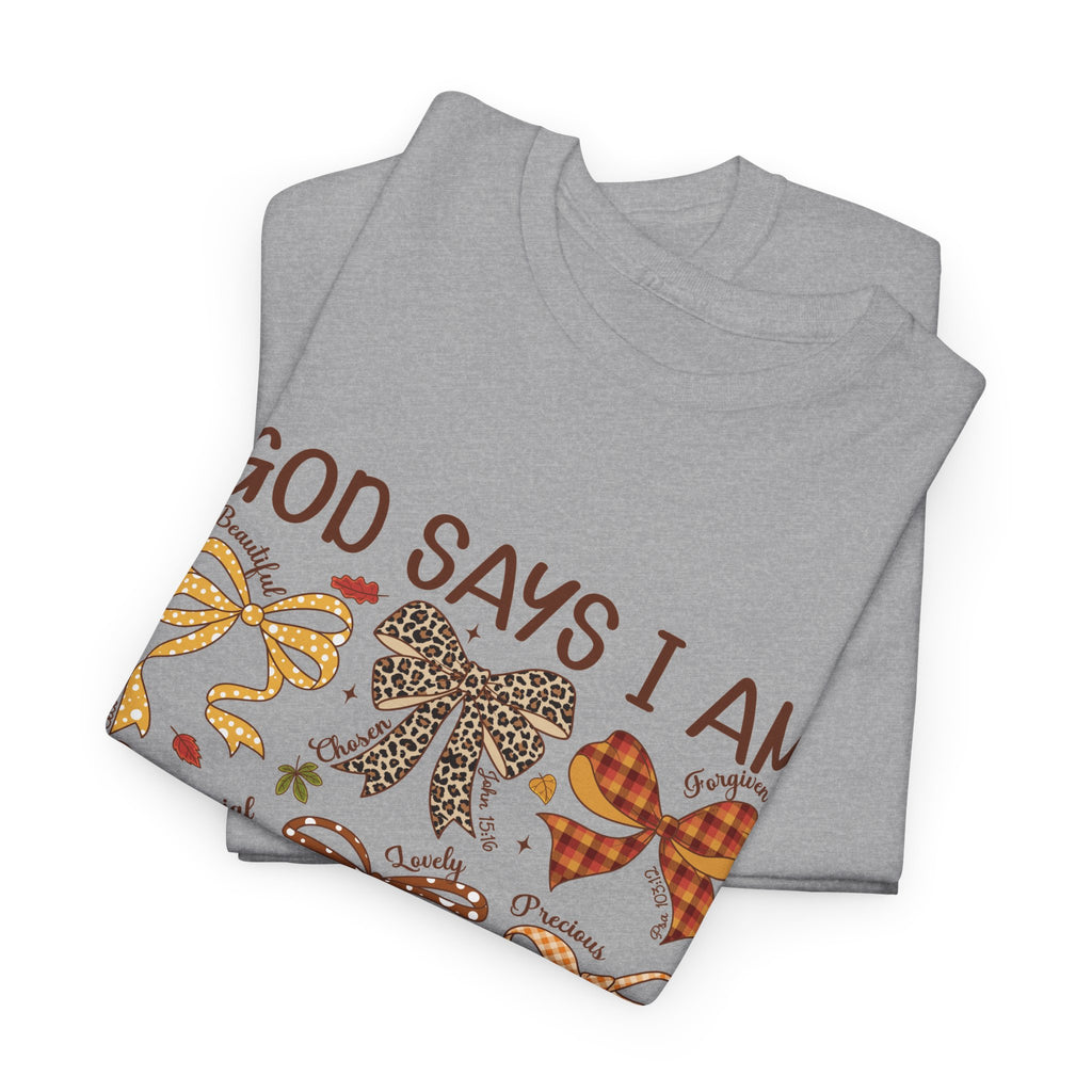 God Says I Am Bow Pattern T-Shirt — Faith-Inspired Fall Graphic Tee
