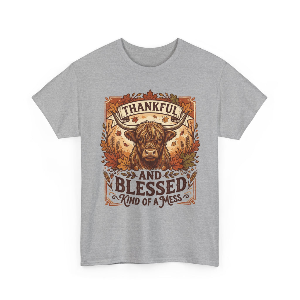 Thankful and Blessed Tee — Rustic Autumn Cow Graphic Shirt