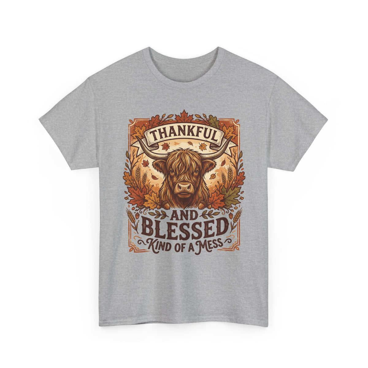 Thankful and Blessed Tee — Rustic Autumn Cow Graphic Shirt