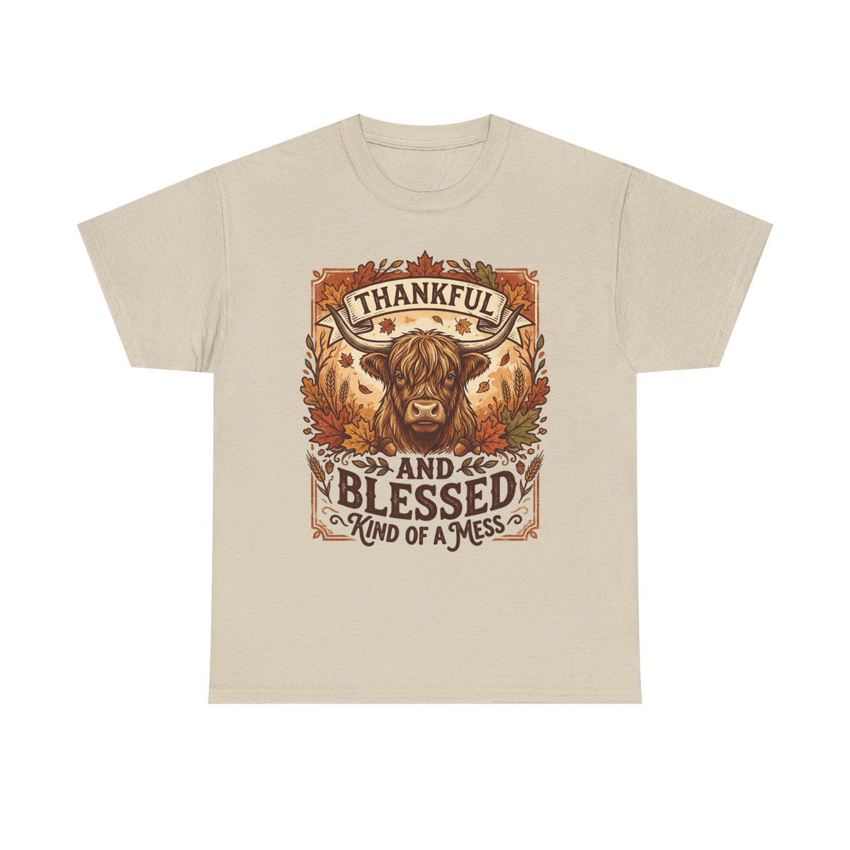 Thankful and Blessed Tee — Rustic Autumn Cow Graphic Shirt