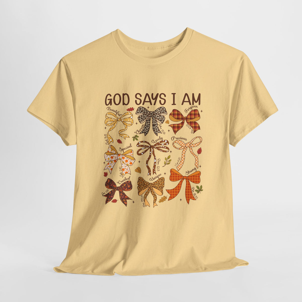 God Says I Am Bow Pattern T-Shirt — Faith-Inspired Fall Graphic Tee