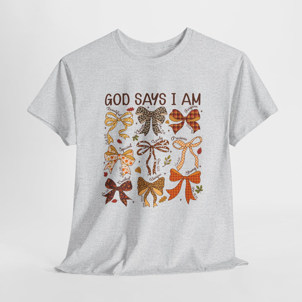 God Says I Am Bow Pattern T-Shirt — Faith-Inspired Fall Graphic Tee