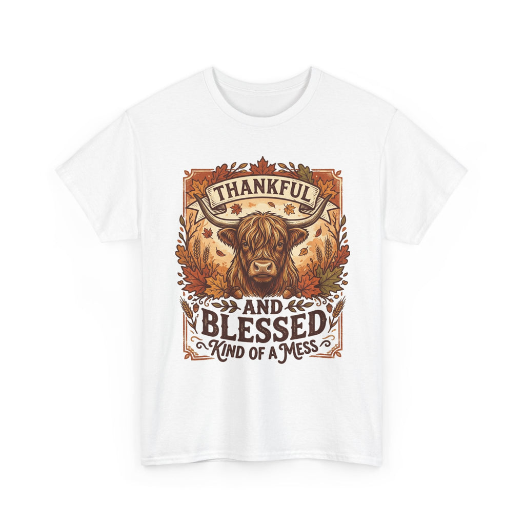 Thankful and Blessed Tee — Rustic Autumn Cow Graphic Shirt