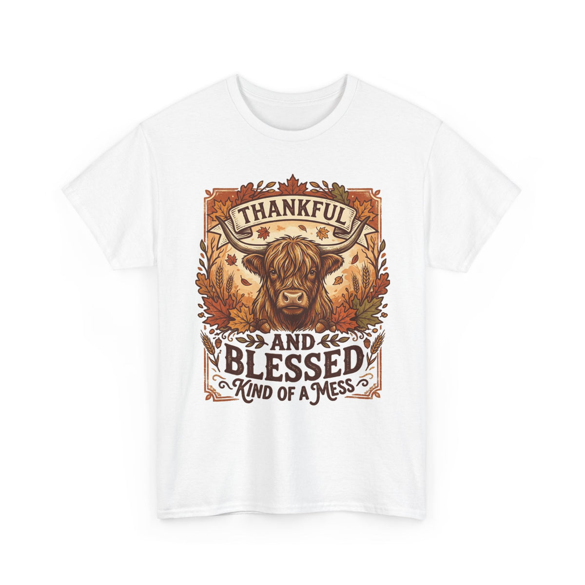 Thankful and Blessed Tee — Rustic Autumn Cow Graphic Shirt