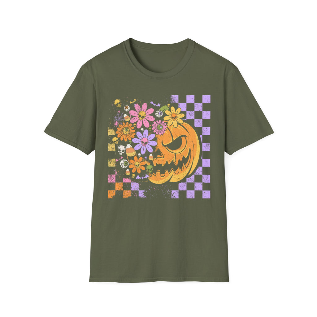 Pumpkin Smile Floral T-Shirt — Pastel Halloween Checkerboard Tee