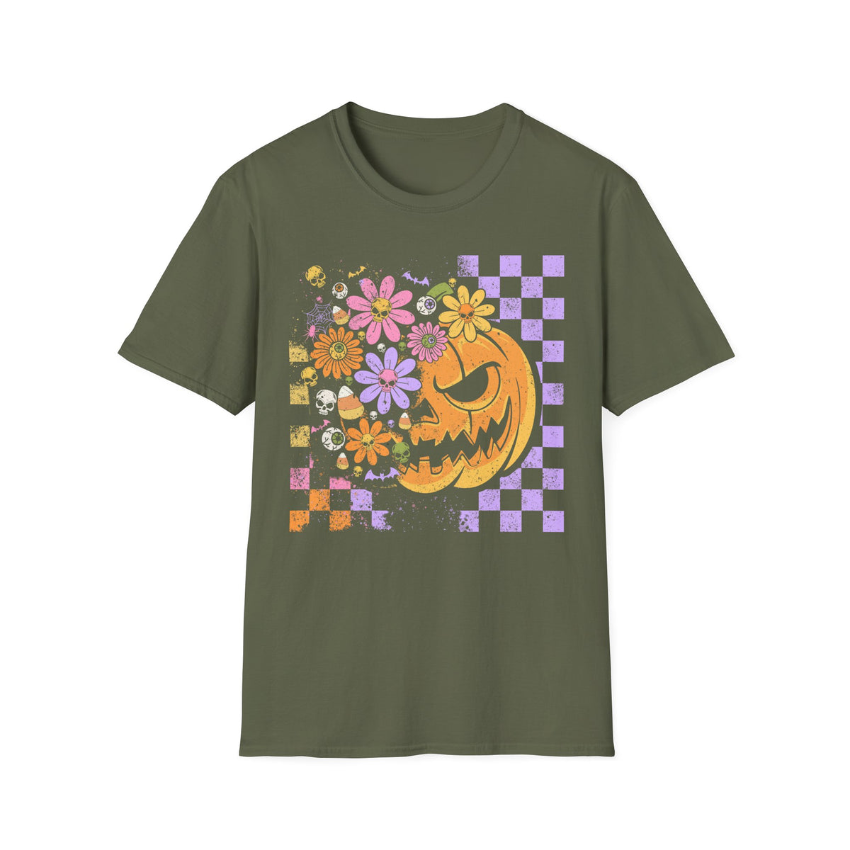 Pumpkin Smile Floral T-Shirt — Pastel Halloween Checkerboard Tee