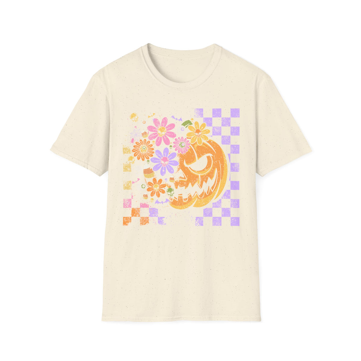 Pumpkin Smile Floral T-Shirt — Pastel Halloween Checkerboard Tee