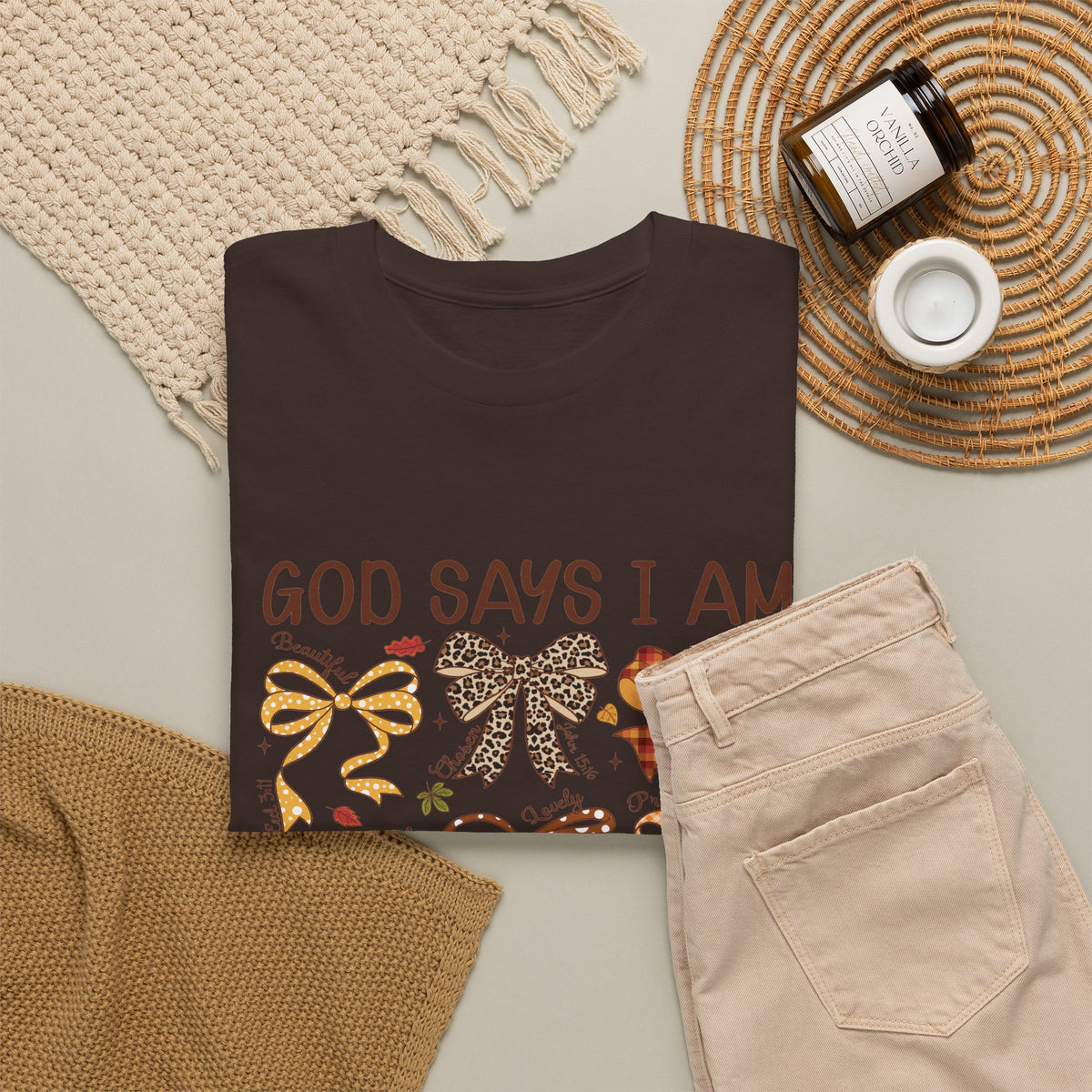 God Says I Am Bow Pattern T-Shirt — Faith-Inspired Fall Graphic Tee