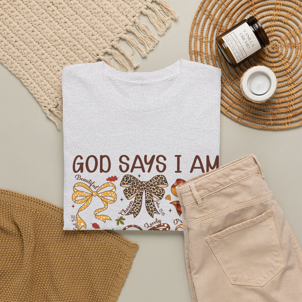 God Says I Am Bow Pattern T-Shirt — Faith-Inspired Fall Graphic Tee