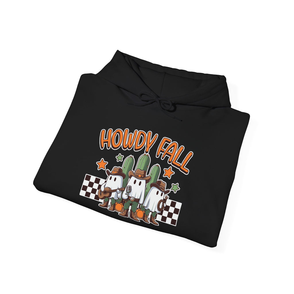 Howdy Fall Hoodie — Cute Pumpkin Ghosts & Checkerboard Autumn Pullover