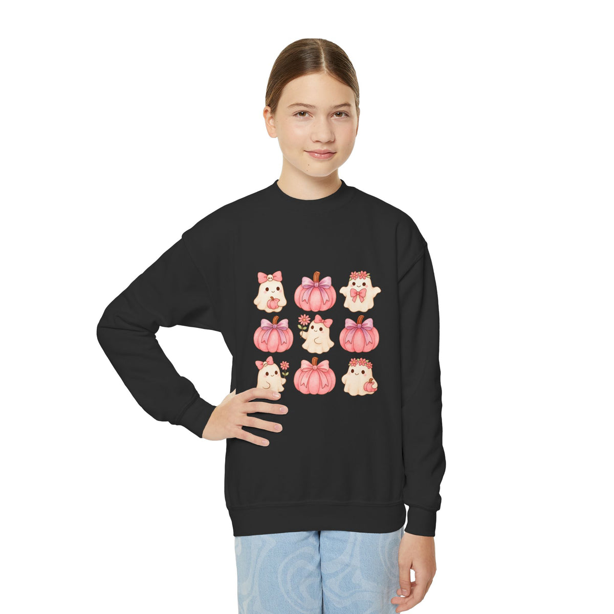 Kids' Cute Pink Pumpkins & Ghost Crewneck Sweatshirt — Fall Halloween Cozy Pullover