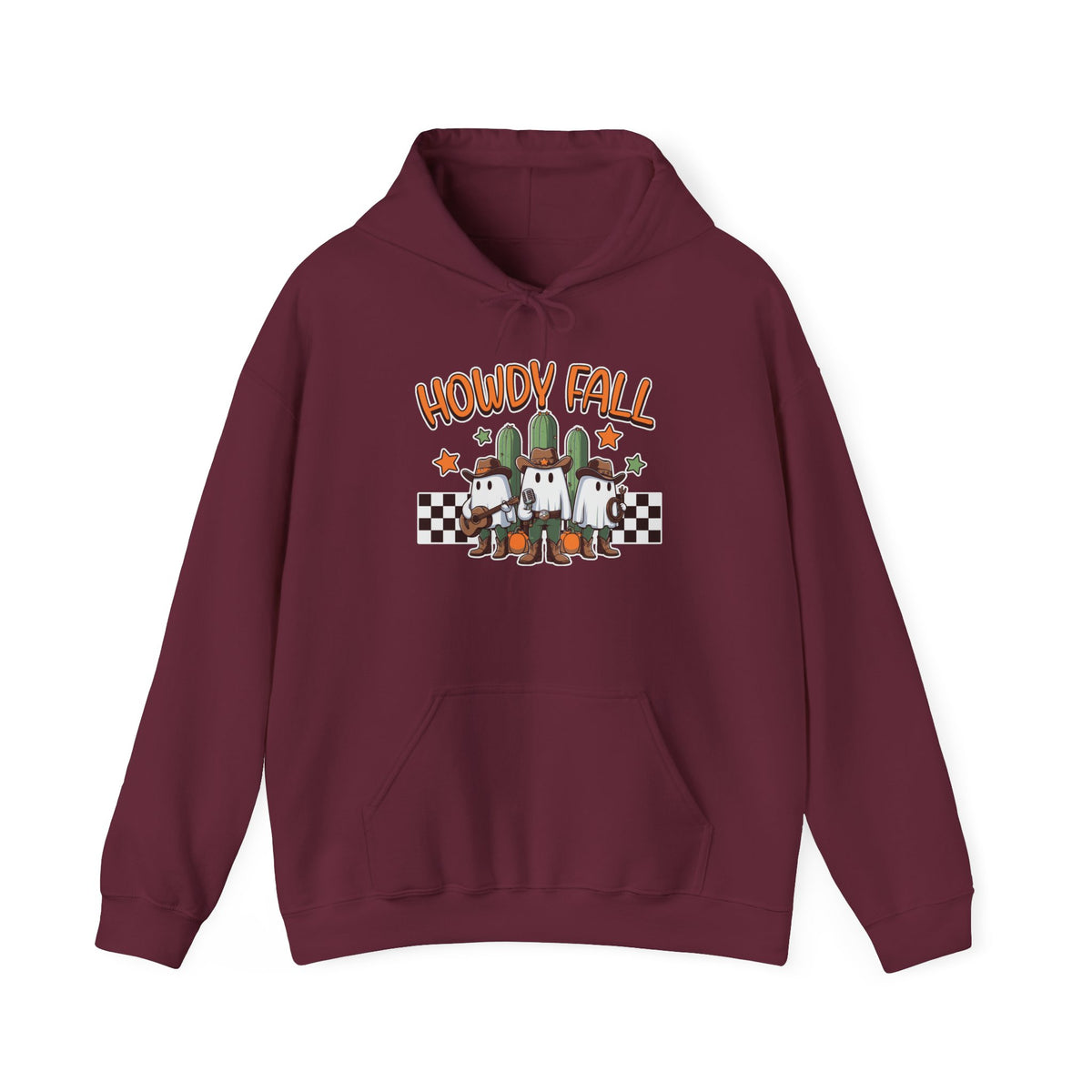 Howdy Fall Hoodie — Cute Pumpkin Ghosts & Checkerboard Autumn Pullover