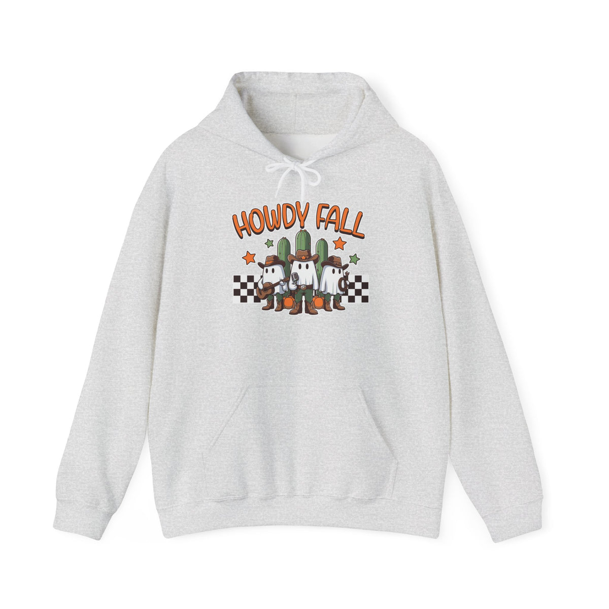 Howdy Fall Hoodie — Cute Pumpkin Ghosts & Checkerboard Autumn Pullover