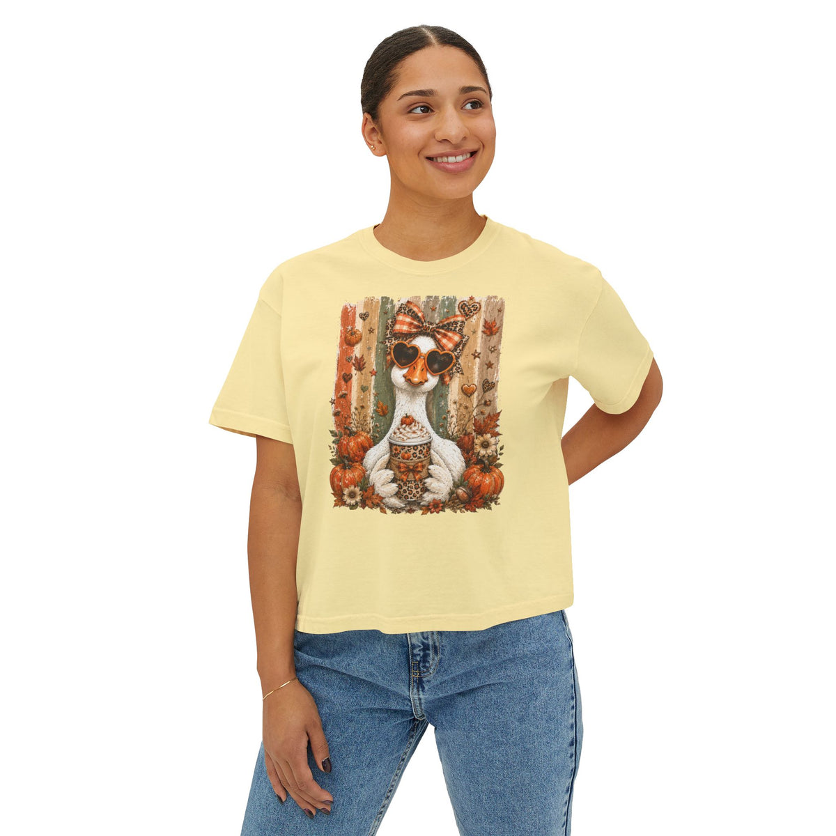 Fall Goose Boxy Tee — Cute Pumpkin Latte Graphic Women's Shirt