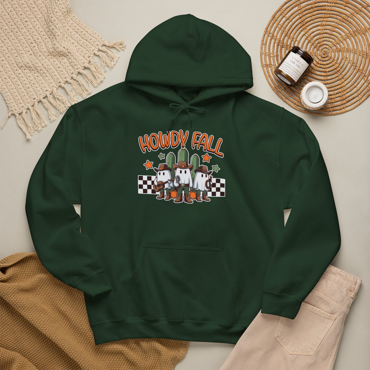Howdy Fall Hoodie — Cute Pumpkin Ghosts & Checkerboard Autumn Pullover