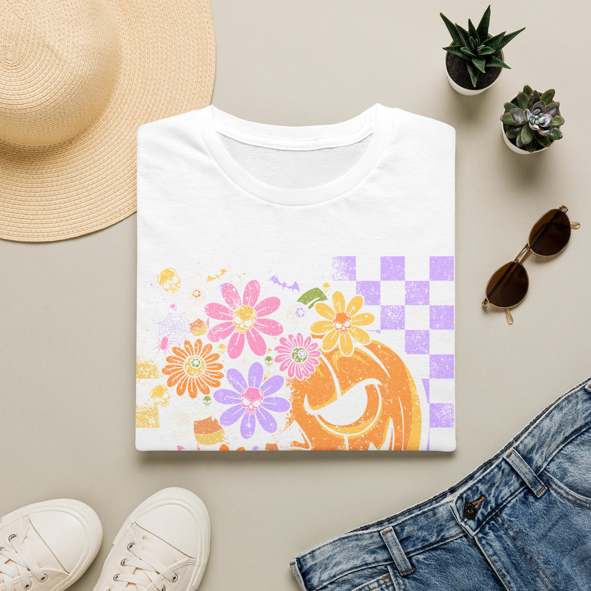 Pumpkin Smile Floral T-Shirt — Pastel Halloween Checkerboard Tee