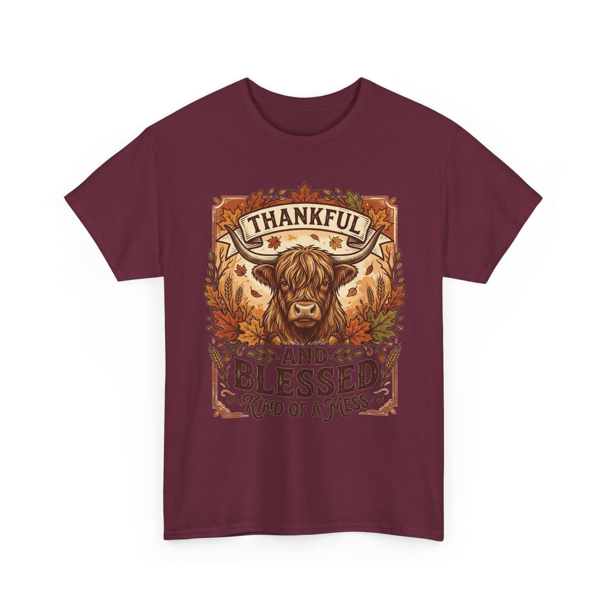 Thankful and Blessed Tee — Rustic Autumn Cow Graphic Shirt