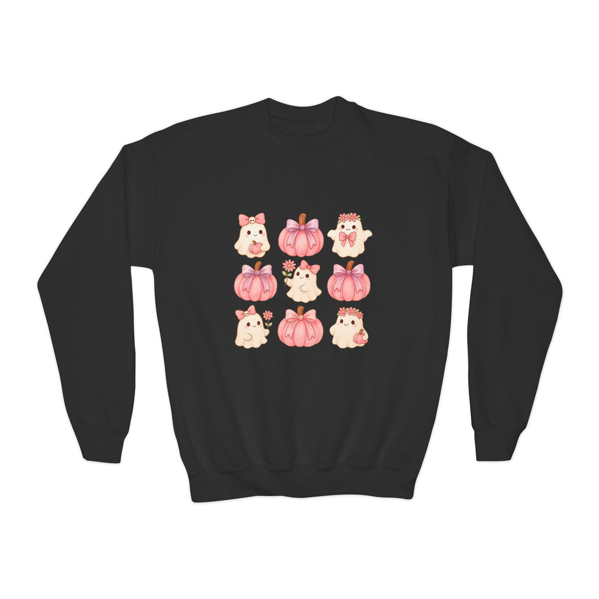 Kids' Cute Pink Pumpkins & Ghost Crewneck Sweatshirt — Fall Halloween Cozy Pullover
