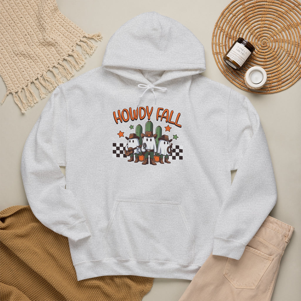 Howdy Fall Hoodie — Cute Pumpkin Ghosts & Checkerboard Autumn Pullover