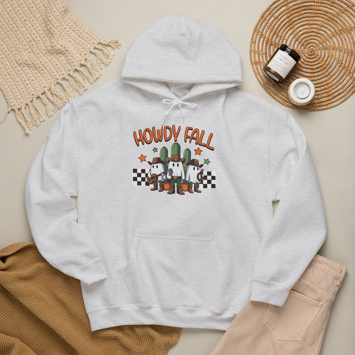 Howdy Fall Hoodie — Cute Pumpkin Ghosts & Checkerboard Autumn Pullover