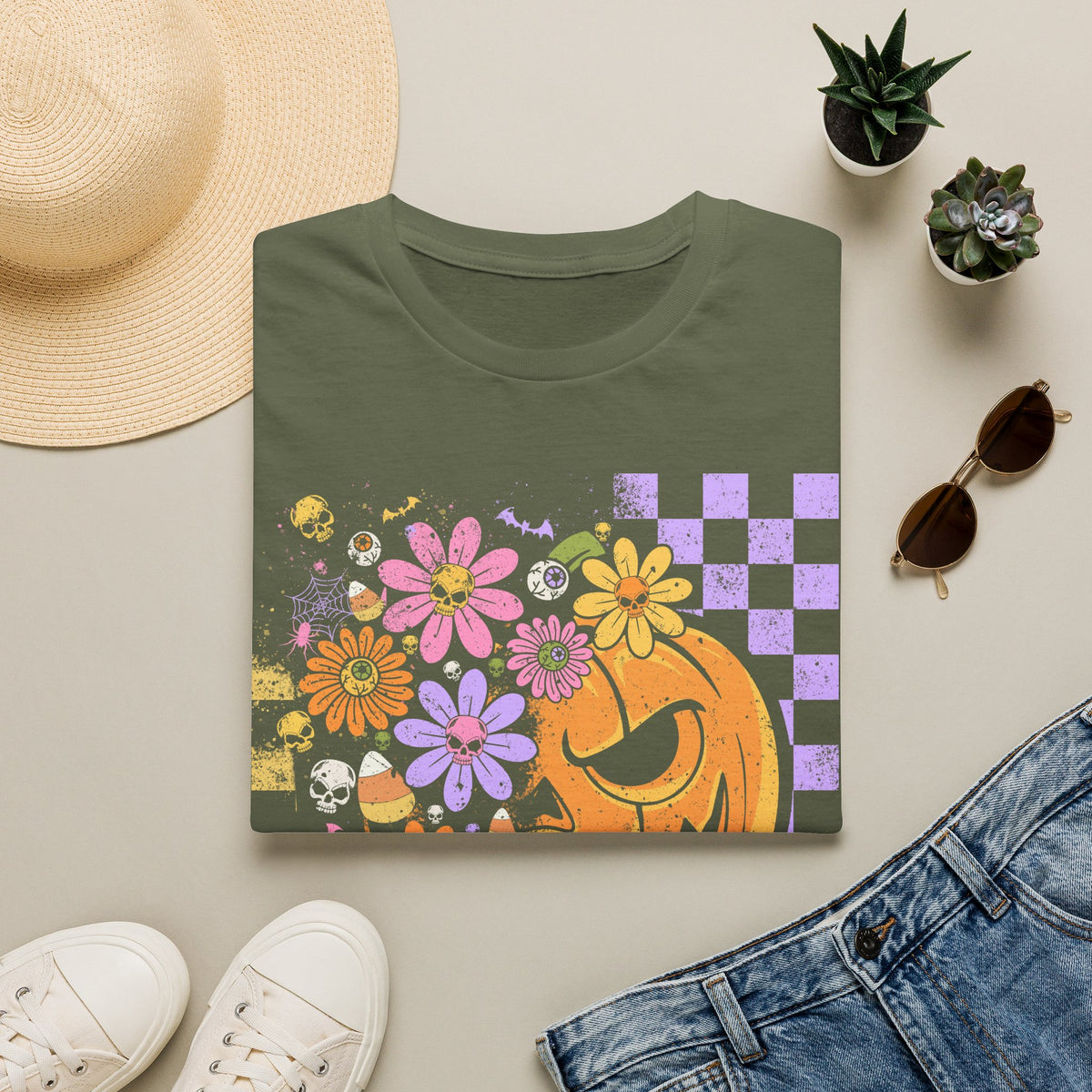 Pumpkin Smile Floral T-Shirt — Pastel Halloween Checkerboard Tee