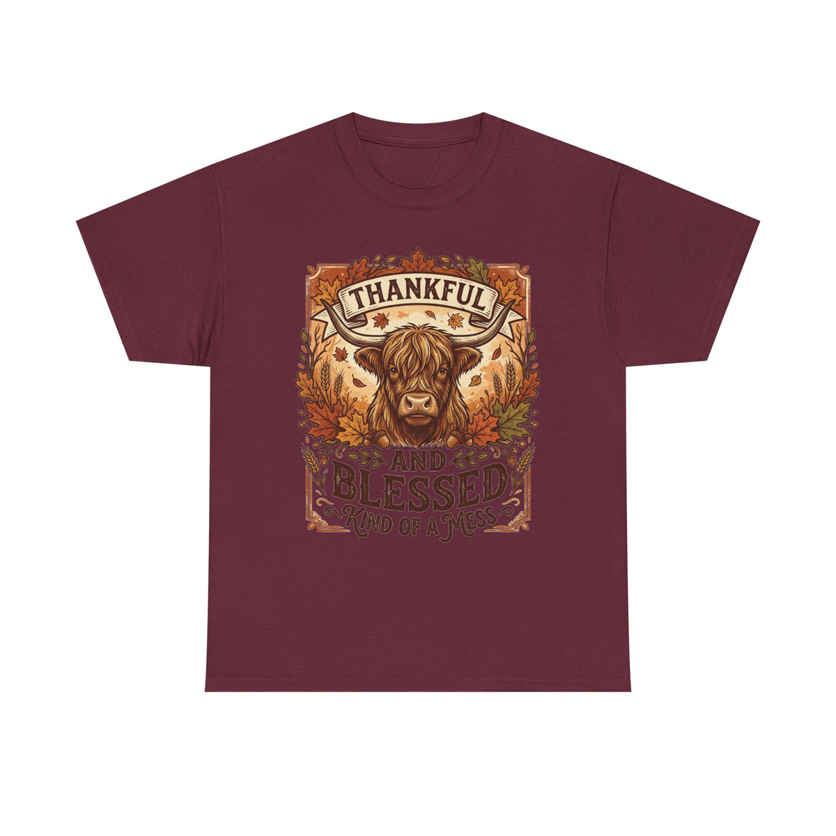 Thankful and Blessed Tee — Rustic Autumn Cow Graphic Shirt