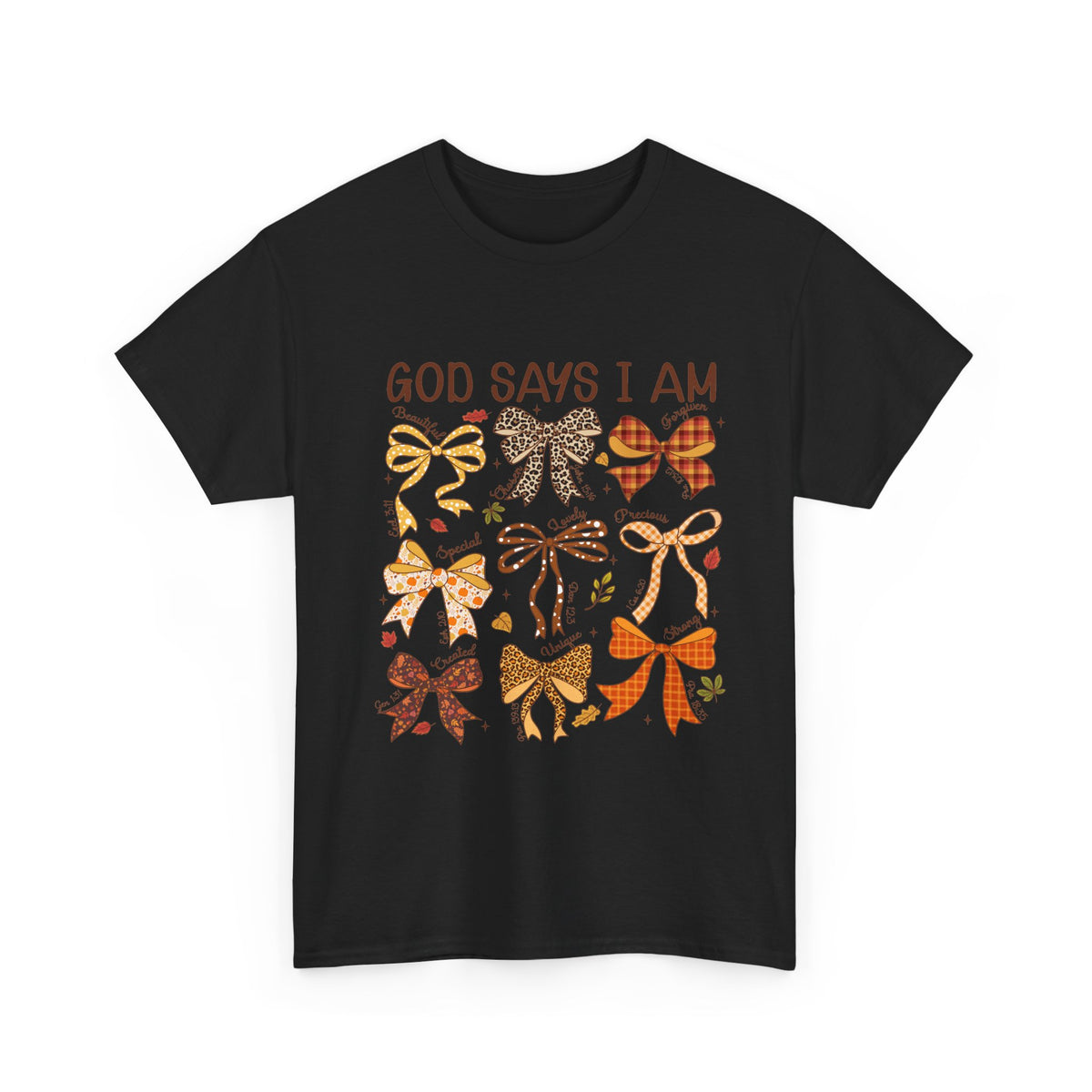 God Says I Am Bow Pattern T-Shirt — Faith-Inspired Fall Graphic Tee