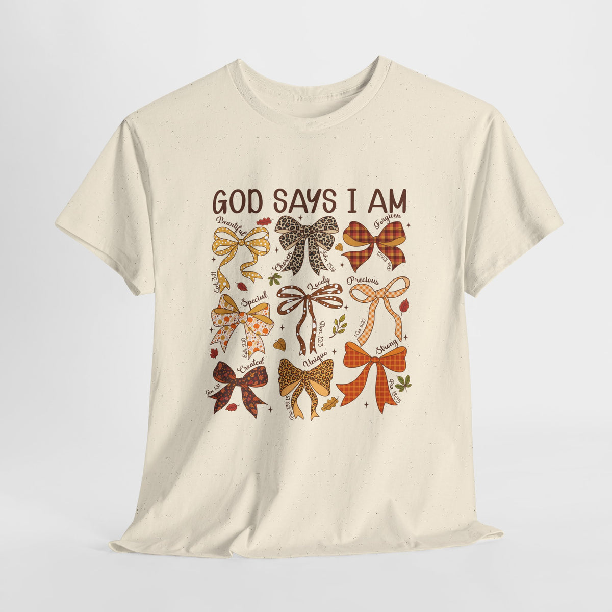 God Says I Am Bow Pattern T-Shirt — Faith-Inspired Fall Graphic Tee