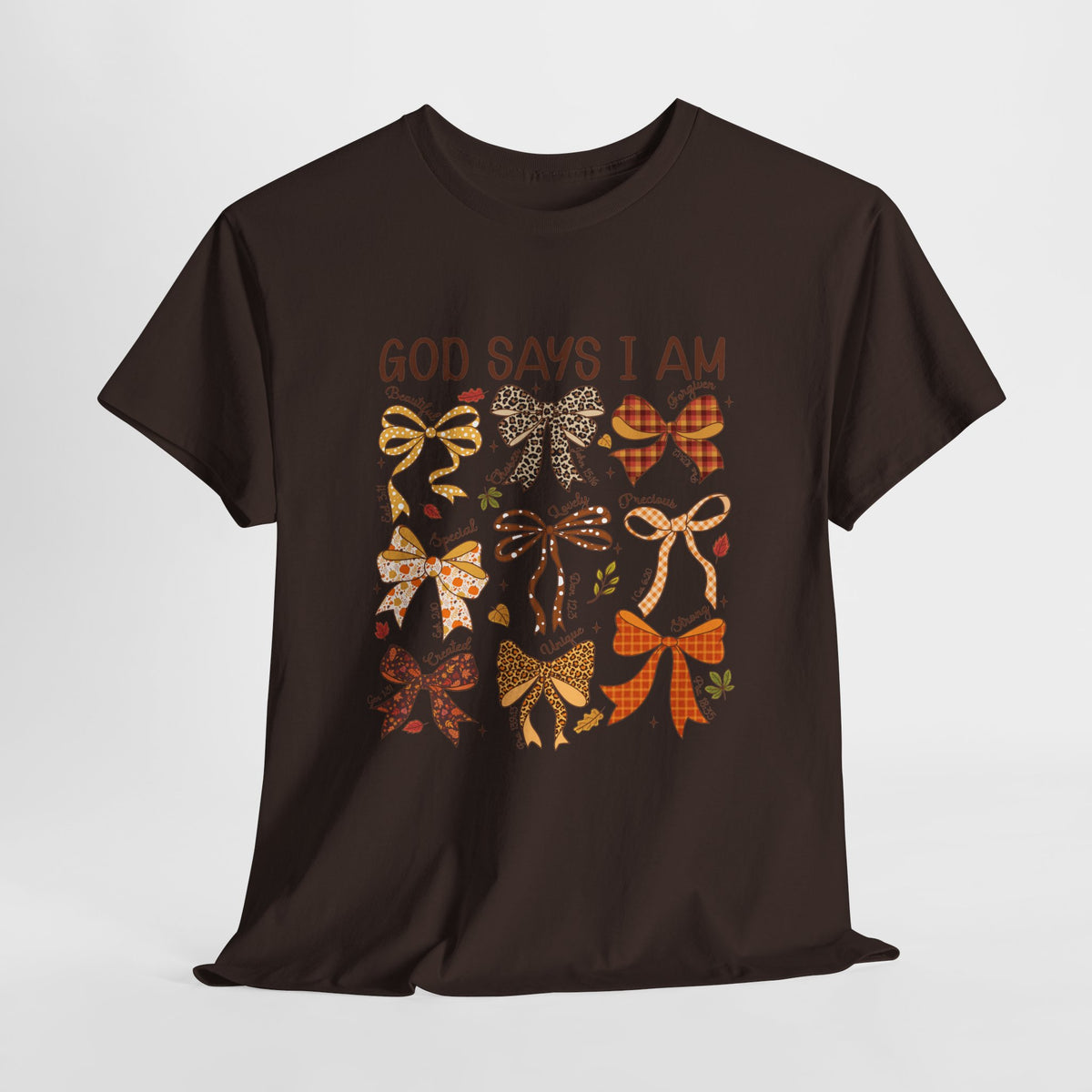 God Says I Am Bow Pattern T-Shirt — Faith-Inspired Fall Graphic Tee