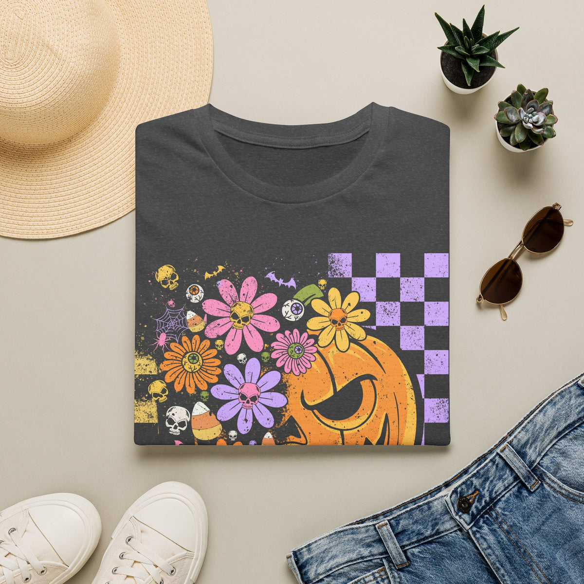 Pumpkin Smile Floral T-Shirt — Pastel Halloween Checkerboard Tee