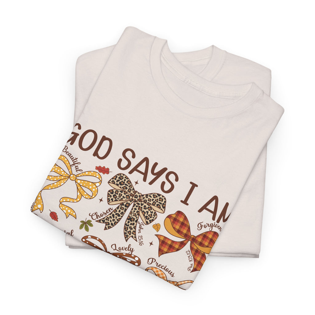 God Says I Am Bow Pattern T-Shirt — Faith-Inspired Fall Graphic Tee