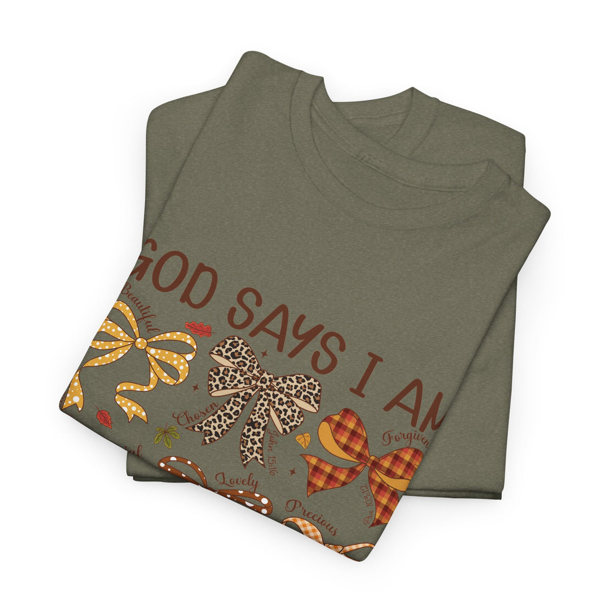 God Says I Am Bow Pattern T-Shirt — Faith-Inspired Fall Graphic Tee