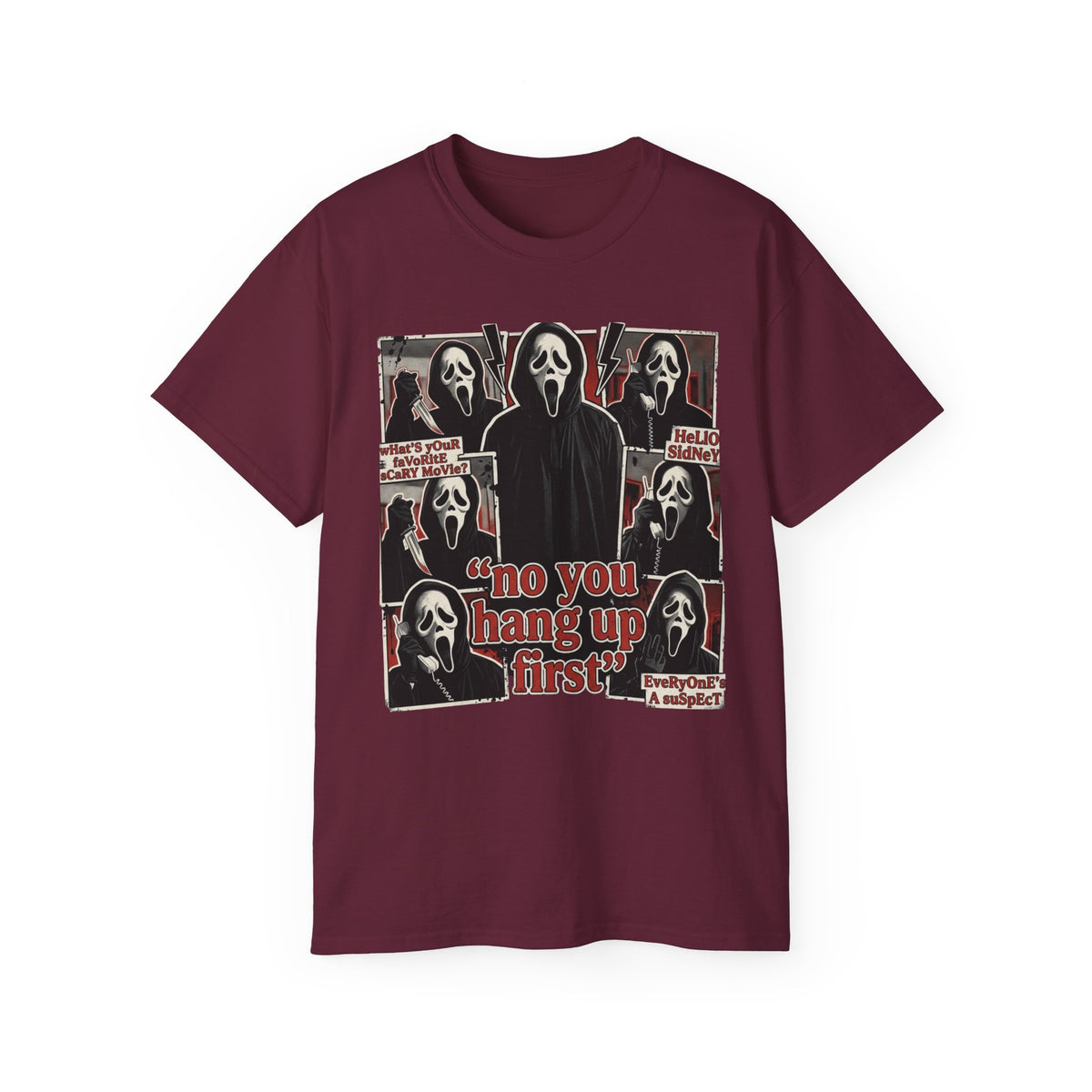 Scream Movie Graphic Tee — “no you hang up first” Horror Fan T-Shirt