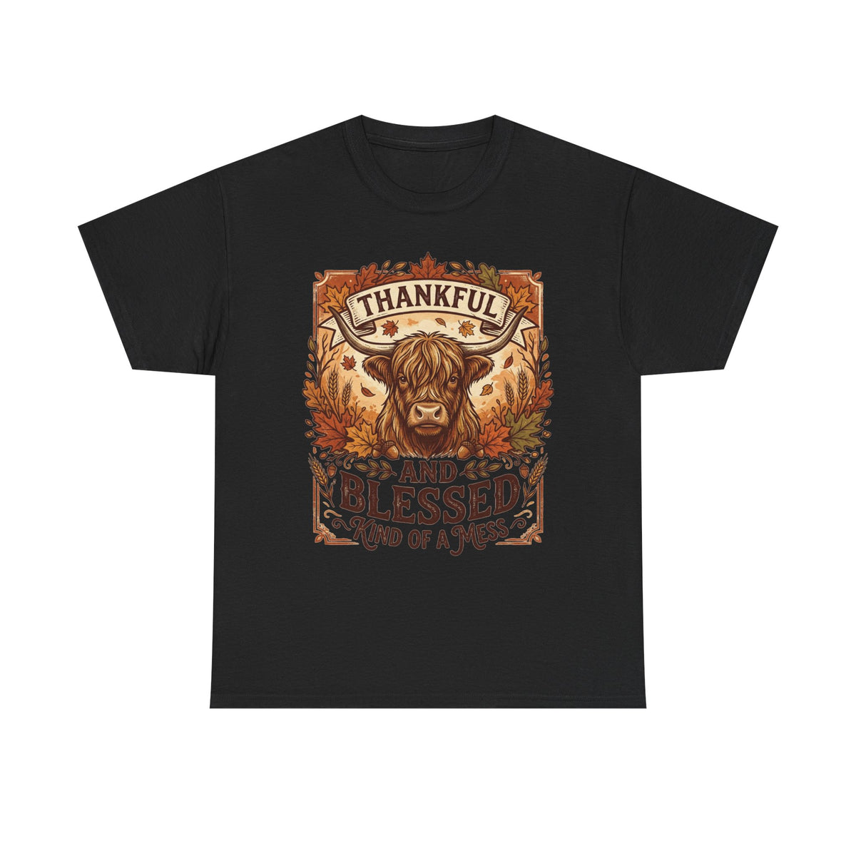 Thankful and Blessed Tee — Rustic Autumn Cow Graphic Shirt
