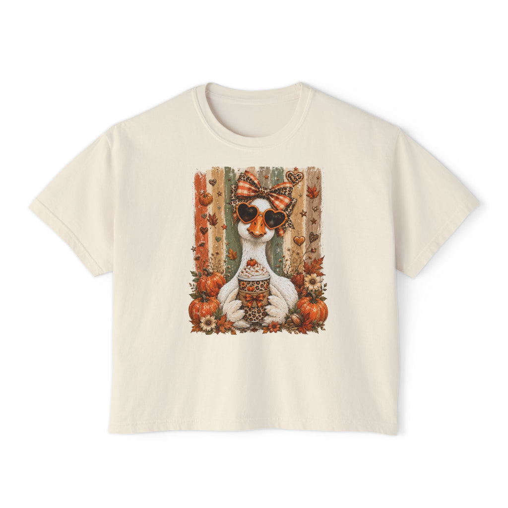 Fall Goose Boxy Tee — Cute Pumpkin Latte Graphic Women's Shirt