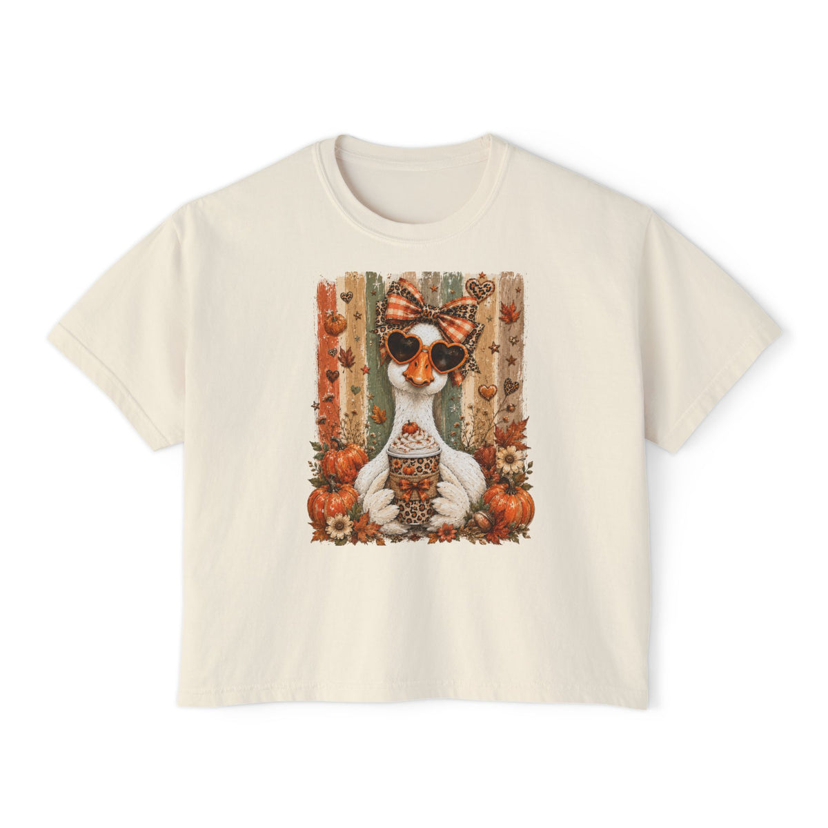 Fall Goose Boxy Tee — Cute Pumpkin Latte Graphic Women's Shirt