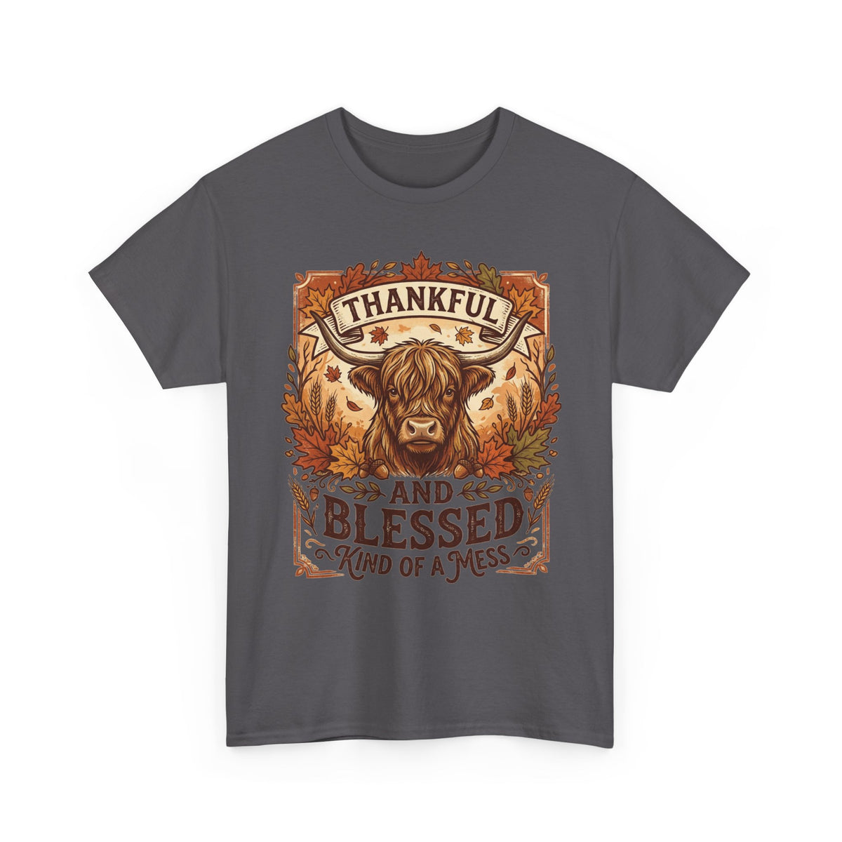 Thankful and Blessed Tee — Rustic Autumn Cow Graphic Shirt