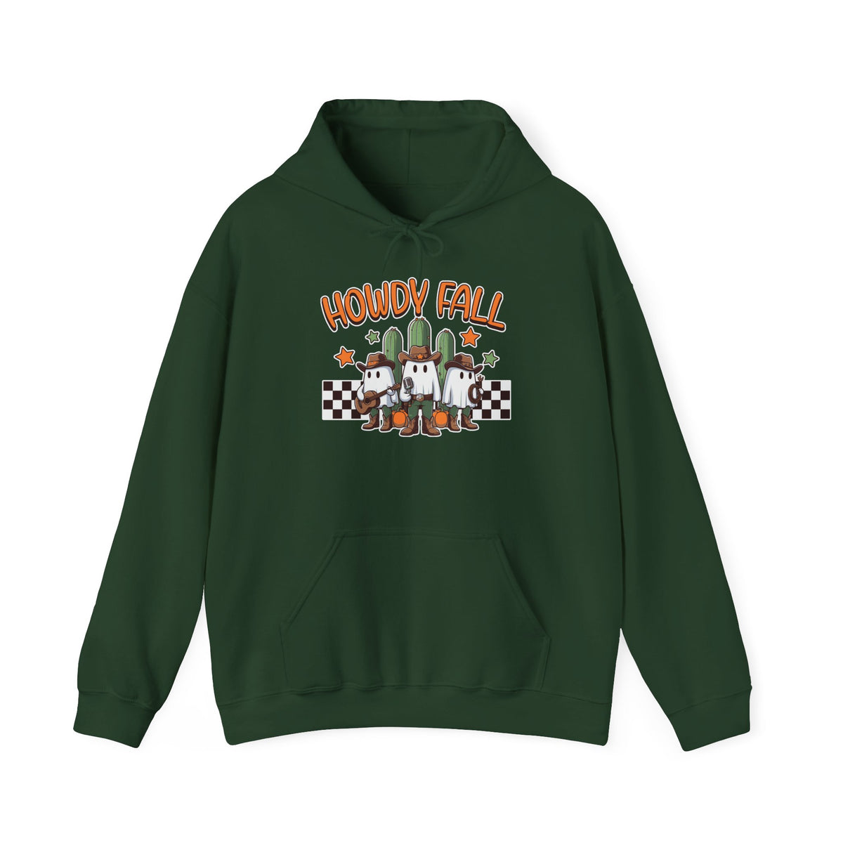 Howdy Fall Hoodie — Cute Pumpkin Ghosts & Checkerboard Autumn Pullover