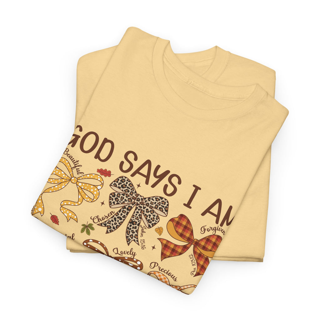 God Says I Am Bow Pattern T-Shirt — Faith-Inspired Fall Graphic Tee