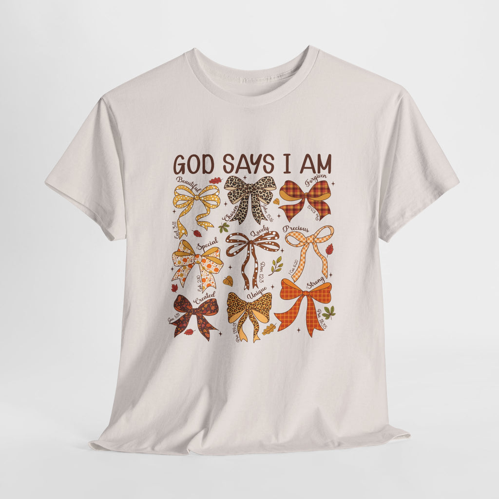 God Says I Am Bow Pattern T-Shirt — Faith-Inspired Fall Graphic Tee