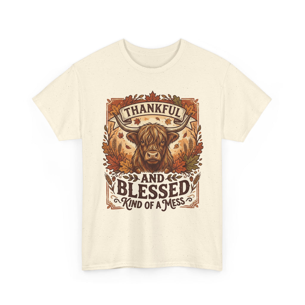 Thankful and Blessed Tee — Rustic Autumn Cow Graphic Shirt