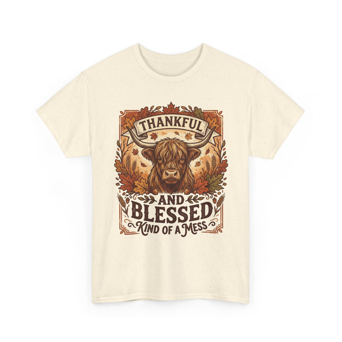 Thankful and Blessed Tee — Rustic Autumn Cow Graphic Shirt