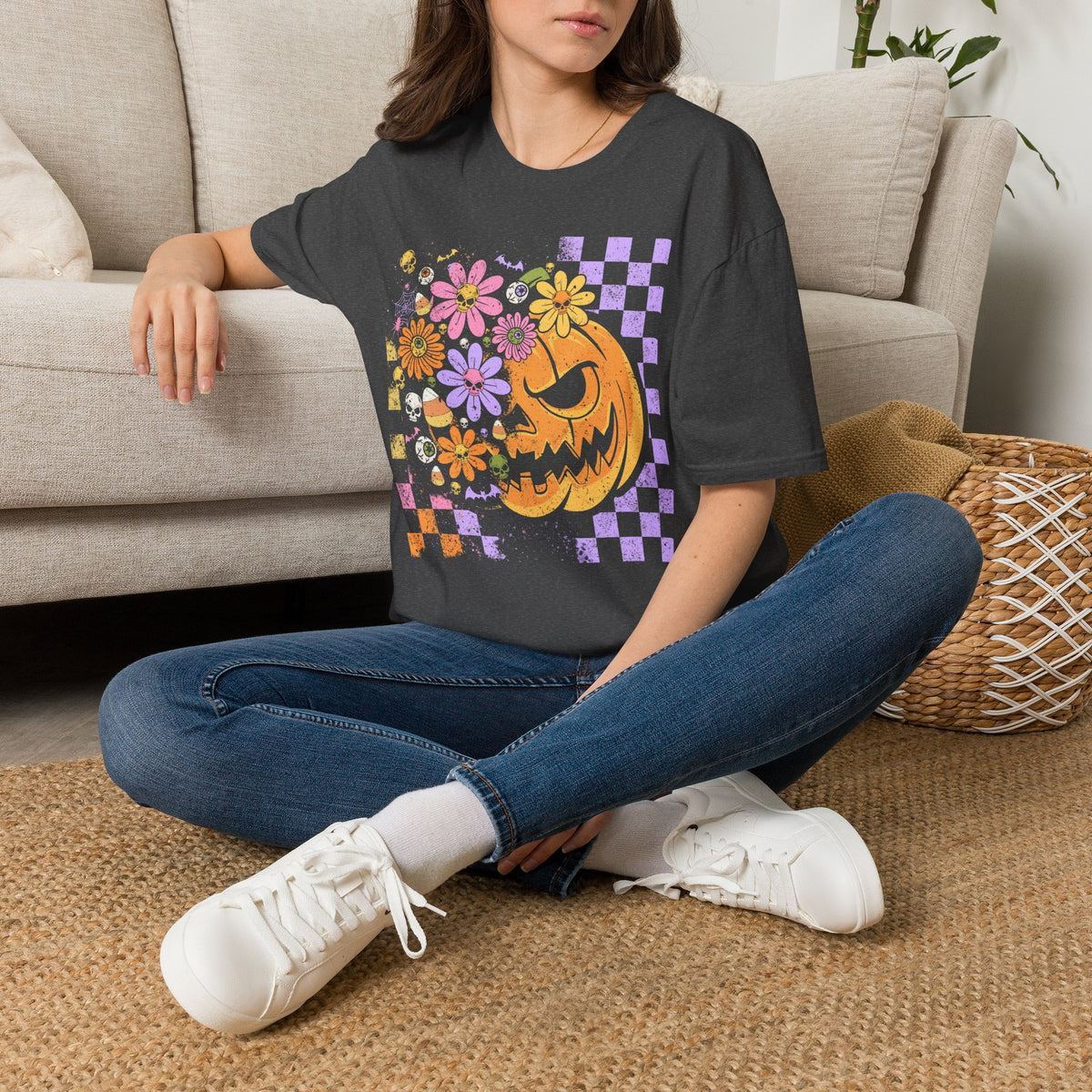 Pumpkin Smile Floral T-Shirt — Pastel Halloween Checkerboard Tee