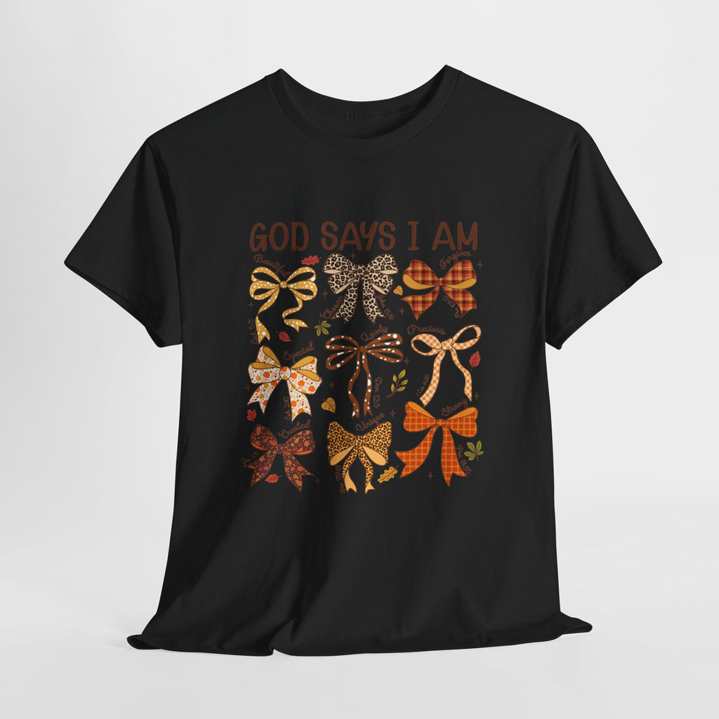 God Says I Am Bow Pattern T-Shirt — Faith-Inspired Fall Graphic Tee