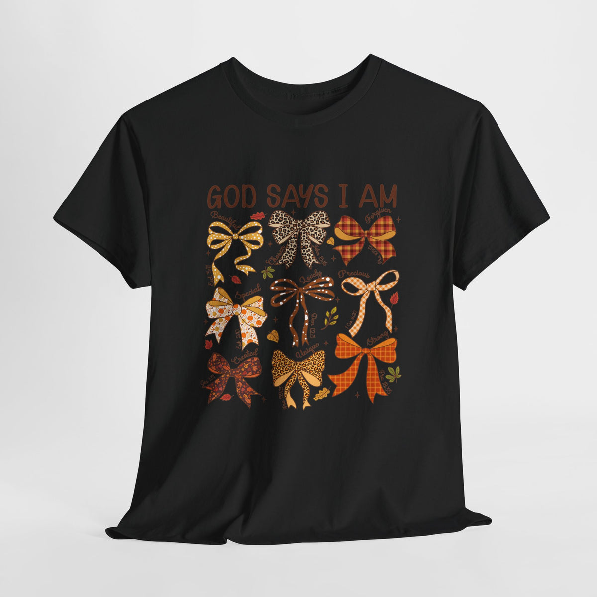 God Says I Am Bow Pattern T-Shirt — Faith-Inspired Fall Graphic Tee
